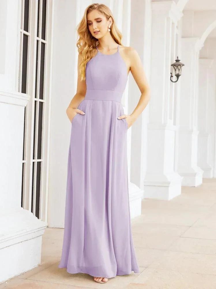 Numbersea Halter Bridesmaid Dresses with Pockets Sleeveless Formal Evening Party Prom Gowns  28055