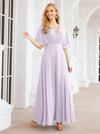 Numbersea V-Neck Bridesmaid Dress Chiffon Long Open Back Formal Dresses for Women Party Evening 28067