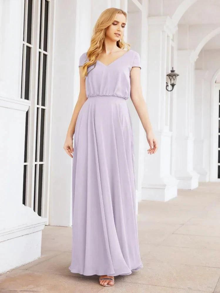 Numbersea V-Neck Bridesmaid Dresses Long Cap Sleeves Prom Evening Formal Gowns 28071