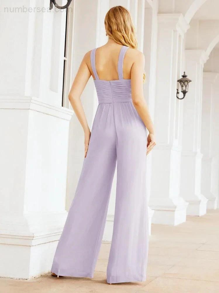 Numbersea Crisscross Neck Jumpsuit Formal Evening Dress Long Bridesmaid Dresses Bell-bottomed Pants 28033