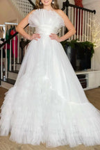 Alani |A-Line Strapless Pink Tiered Long Tulle Prom Dress