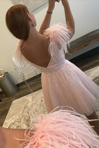 Pink A-line Tulle Deep V Neck Homecoming Dress with Feathers Y2427
