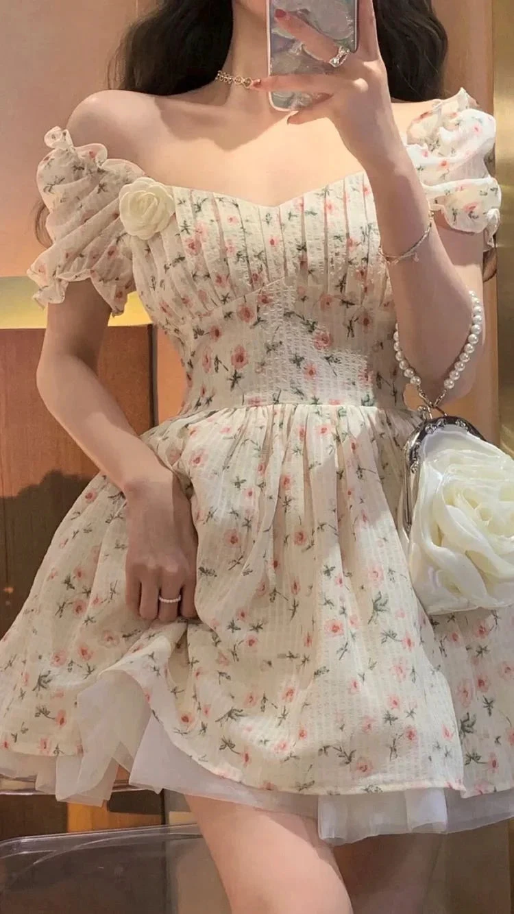 Off The Shoulder A-line Floral Homecoming Dress Short Prom Dress Y2422