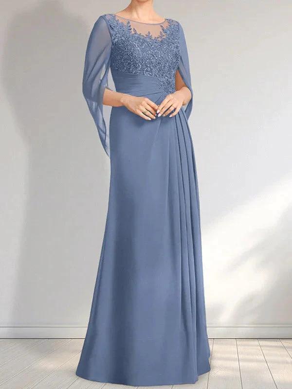 A-line Scoop Illusion Floor-Length Lace Chiffon Mother of the Bride Dress With Pleated Sequins