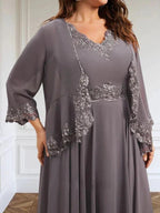 A-line V-Neck Ankle-Length Chiffon Mother of the Bride Dress With Sequins Appliques Lace Beading