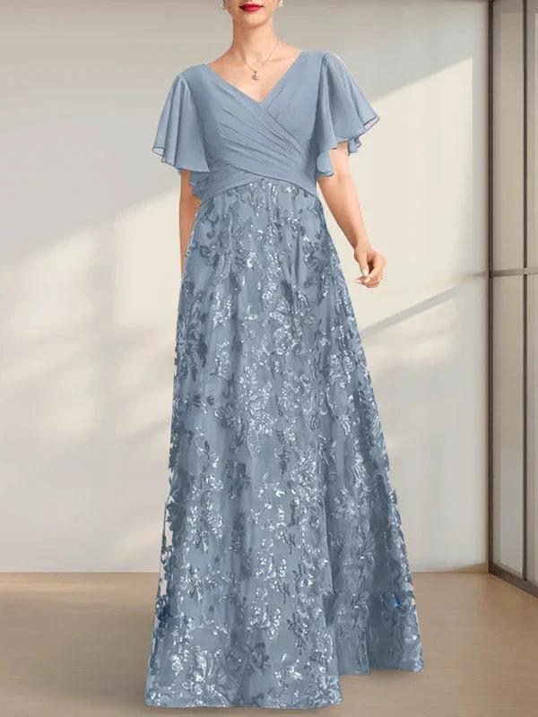A-line V-Neck Floor-Length Lace Sequin Chiffon Mother of the Bride Dress With Pleated