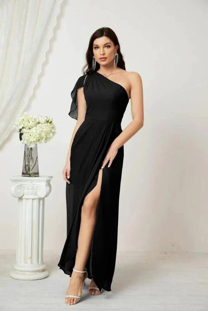 Numbersea  Chiffon Ruffled One Shoulder Long Bridesmaid Dresses A-line Formal Evening Gown Side Split 2809