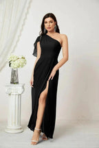 Numbersea  Chiffon Ruffled One Shoulder Long Bridesmaid Dresses A-line Formal Evening Gown Side Split 2809