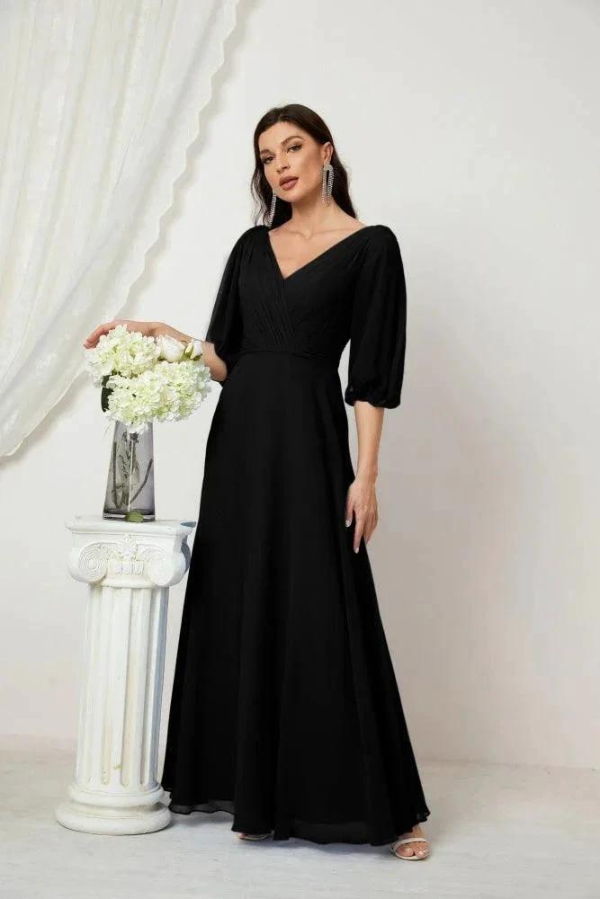 Numbersea  Formal Prom Gown Women V-Neck Chiffon Bridesmaid Dresses Long Bishop Sleeve Party Dress 2807