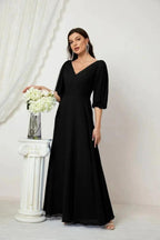 Numbersea  Formal Prom Gown Women V-Neck Chiffon Bridesmaid Dresses Long Bishop Sleeve Party Dress 2807