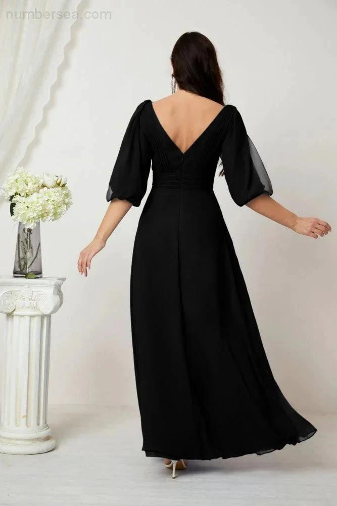 Numbersea  Formal Prom Gown Women V-Neck Chiffon Bridesmaid Dresses Long Bishop Sleeve Party Dress 2807