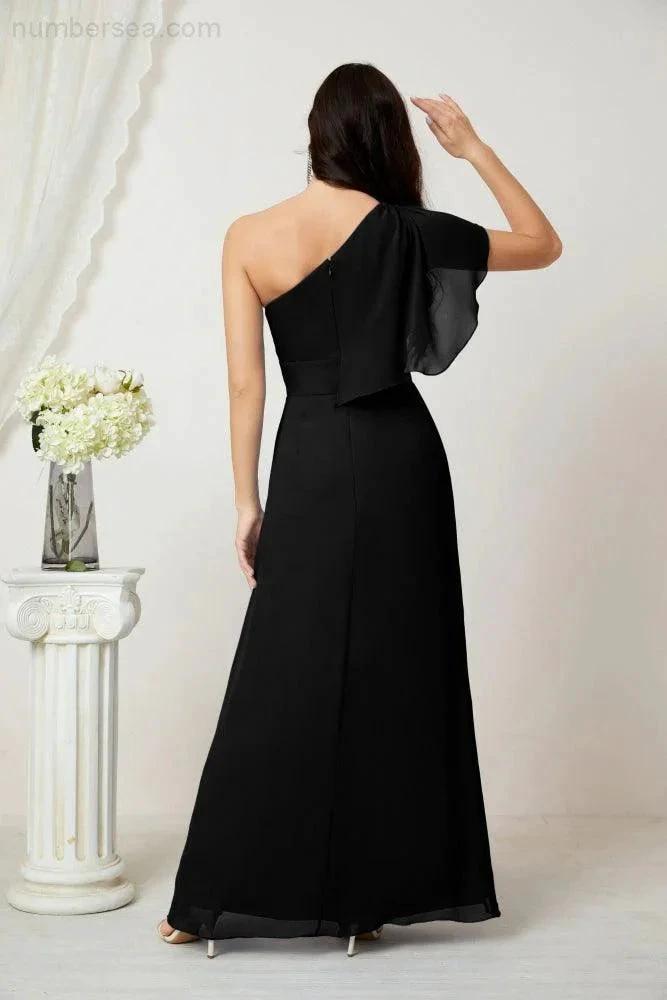 Numbersea  Chiffon Ruffled One Shoulder Long Bridesmaid Dresses A-line Formal Evening Gown Side Split 2809