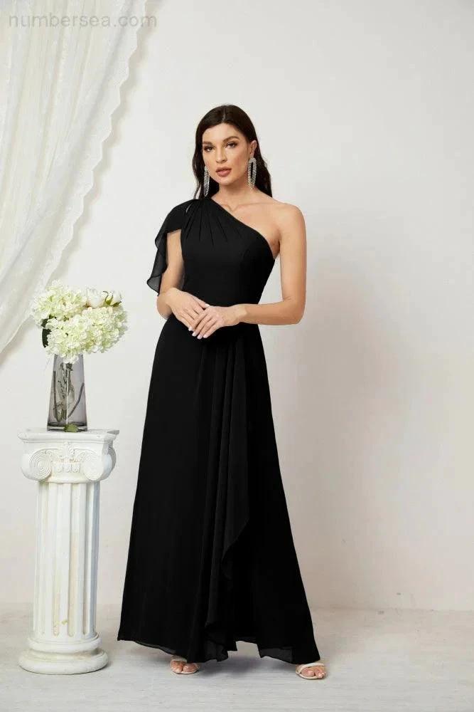 Numbersea  Chiffon Ruffled One Shoulder Long Bridesmaid Dresses A-line Formal Evening Gown Side Split 2809
