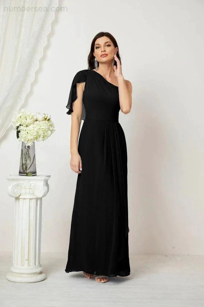 Numbersea  Chiffon Ruffled One Shoulder Long Bridesmaid Dresses A-line Formal Evening Gown Side Split 2809