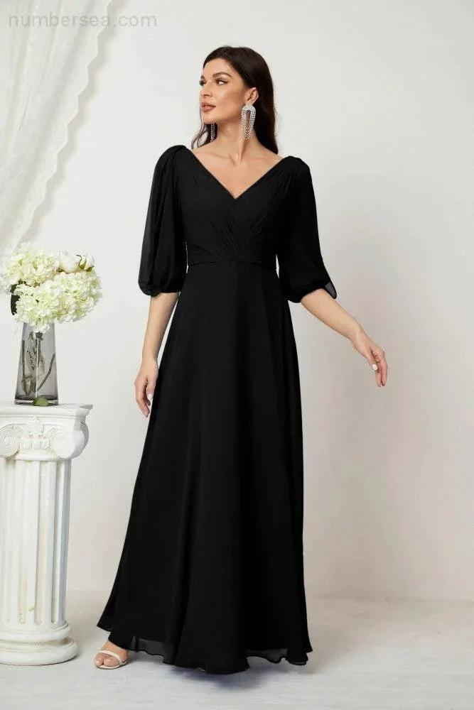 Numbersea  Formal Prom Gown Women V-Neck Chiffon Bridesmaid Dresses Long Bishop Sleeve Party Dress 2807