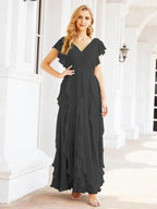 Ruffled Bridesmaid Dresses with Sleeves Long Formal Party Dress 28041