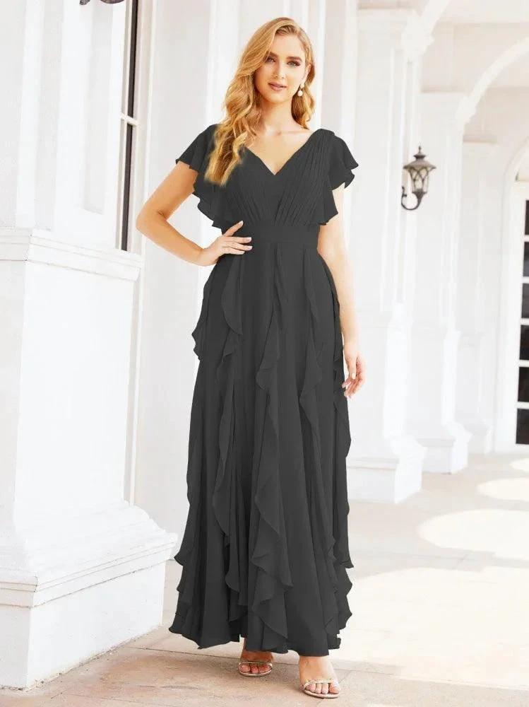 Ruffled Bridesmaid Dresses with Sleeves Long Formal Party Dress 28041