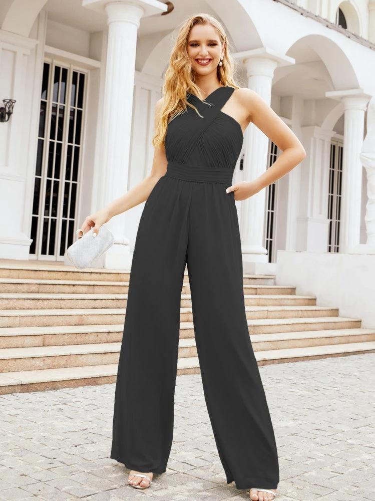 Numbersea Crisscross Neck Jumpsuit Formal Evening Dress Long Bridesmaid Dresses Bell-bottomed Pants 28033