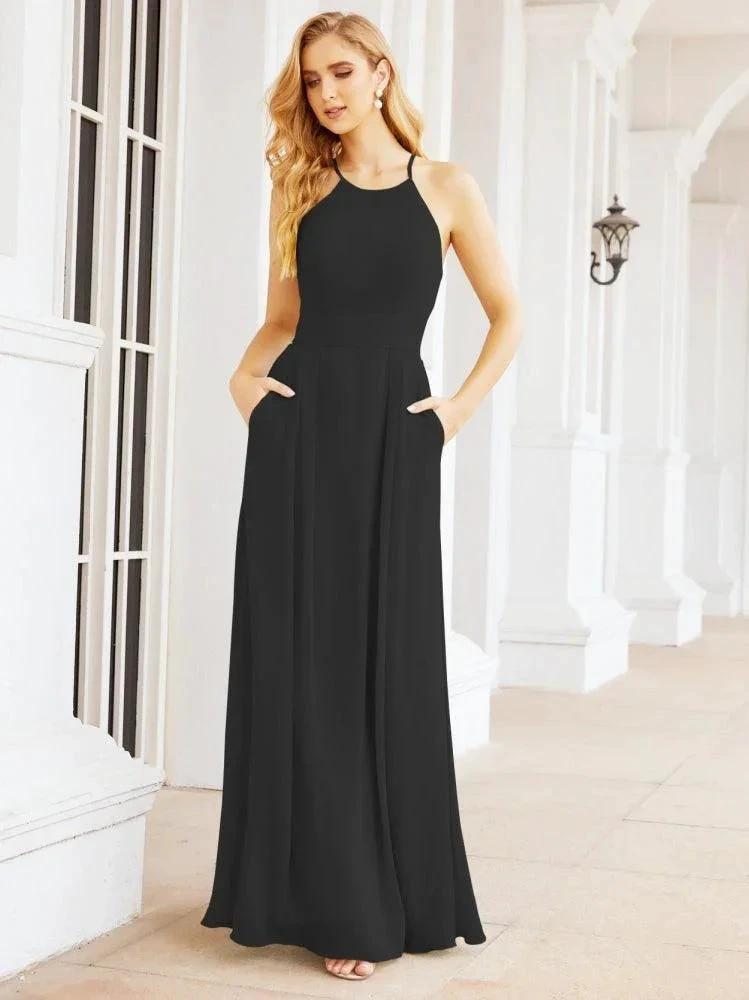 Numbersea Halter Bridesmaid Dresses with Pockets Sleeveless Formal Evening Party Prom Gowns  28055