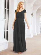 Numbersea V-Neck Bridesmaid Dresses Long Cap Sleeves Prom Evening Formal Gowns 28071
