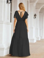 Numbersea Women's Open Back Formal Evening Party Prom Gowns V-Neck Long Chiffon Bridesmaid Dresses with Waist Belt 28038