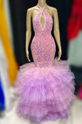 Halter Sequins Tulle Tiered Mermaid Sleeveless Prom Dress