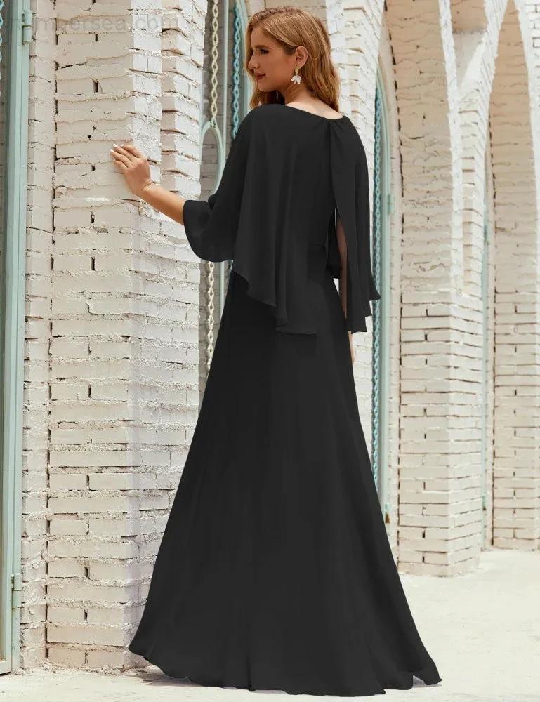 Sunnderly  Bridesmaid Dress Women Long Sleeve V-Neck Chiffon Formal Wedding Party Dress SY28018