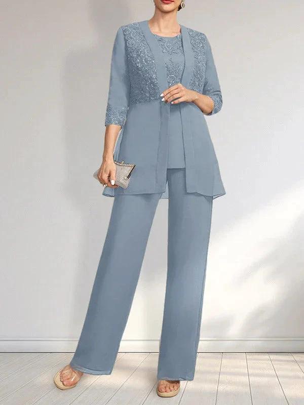 Jumpsuit/Pantsuit Separates Scoop Floor-Length Chiffon Lace Mother of the Bride Dress With Sequins