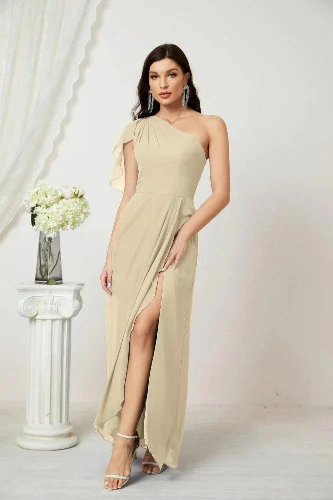 Numbersea  Chiffon Ruffled One Shoulder Long Bridesmaid Dresses A-line Formal Evening Gown Side Split 2809