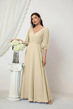 Numbersea  Formal Prom Gown Women V-Neck Chiffon Bridesmaid Dresses Long Bishop Sleeve Party Dress 2807