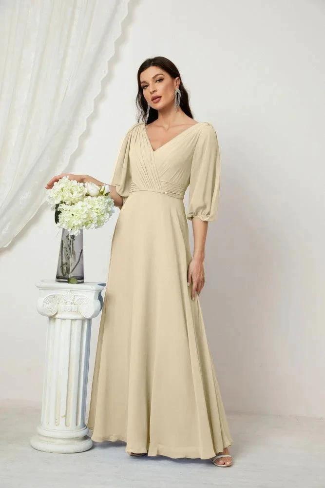 Numbersea  Formal Prom Gown Women V-Neck Chiffon Bridesmaid Dresses Long Bishop Sleeve Party Dress 2807