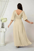 Numbersea  Formal Prom Gown Women V-Neck Chiffon Bridesmaid Dresses Long Bishop Sleeve Party Dress 2807