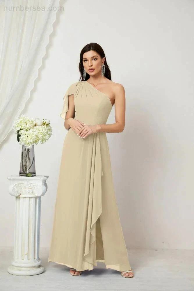 Numbersea  Chiffon Ruffled One Shoulder Long Bridesmaid Dresses A-line Formal Evening Gown Side Split 2809