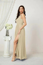 Numbersea Chiffon V-Neck Bridesmaid Dress Spaghetti Strap Long Formal Party Prom Gowns with Slit 28010
