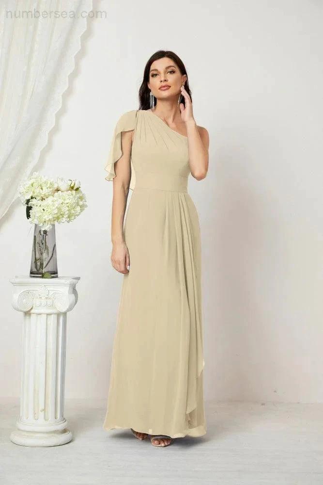 Numbersea  Chiffon Ruffled One Shoulder Long Bridesmaid Dresses A-line Formal Evening Gown Side Split 2809