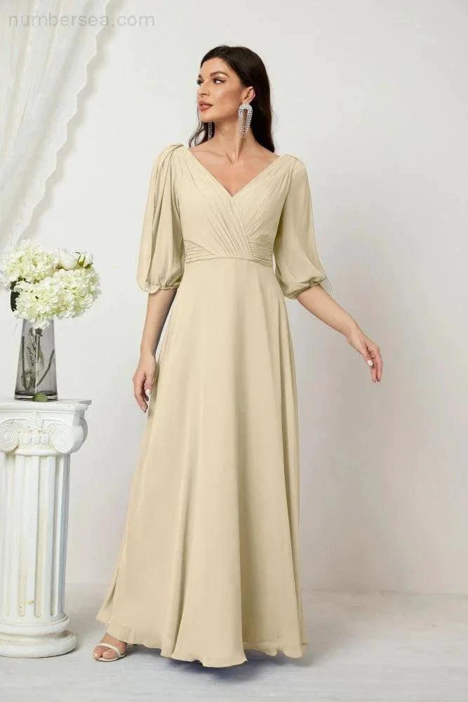 Numbersea  Formal Prom Gown Women V-Neck Chiffon Bridesmaid Dresses Long Bishop Sleeve Party Dress 2807