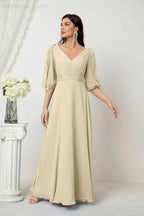 Numbersea  Formal Prom Gown Women V-Neck Chiffon Bridesmaid Dresses Long Bishop Sleeve Party Dress 2807