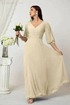 Numbersea  Formal Prom Gown Women V-Neck Chiffon Bridesmaid Dresses Long Bishop Sleeve Party Dress 2807
