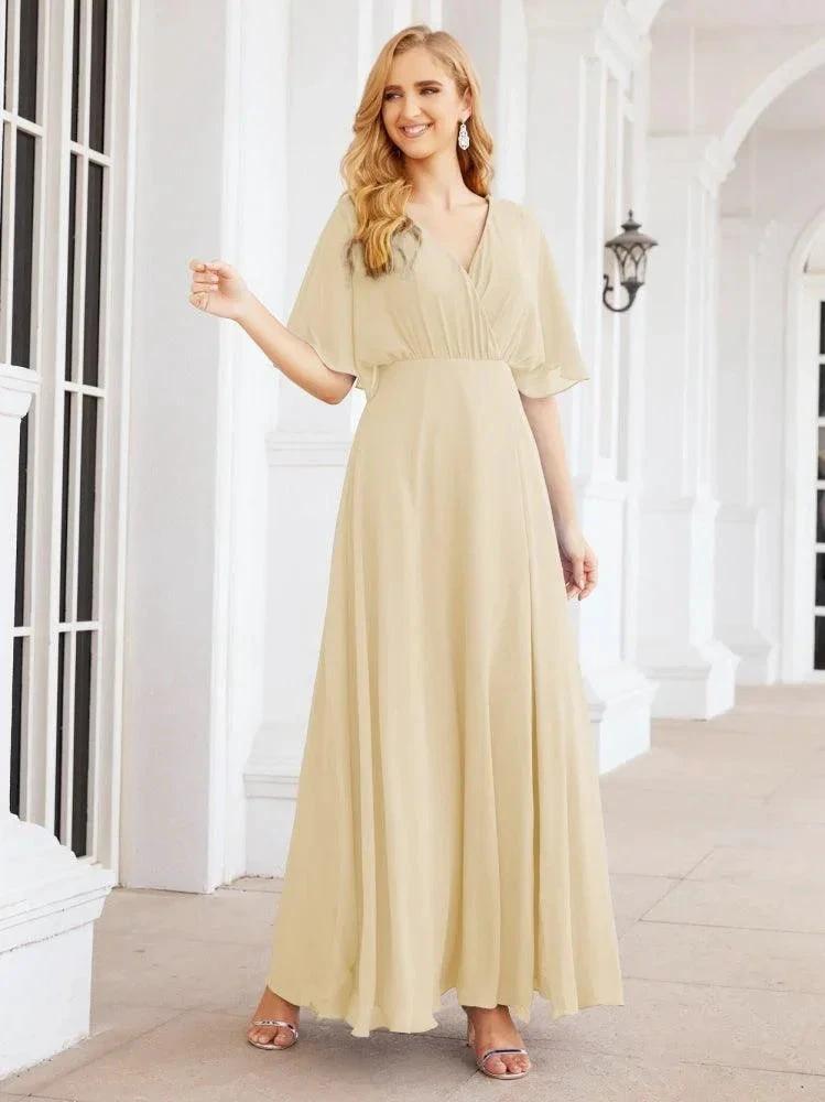 Numbersea V-Neck Bridesmaid Dress Chiffon Long Open Back Formal Dresses for Women Party Evening 28067