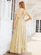 Ruffled Bridesmaid Dresses with Sleeves Long Formal Party Dress 28041