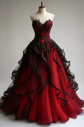 Charming Red Lace Tulle Ruffles Ball Gown A Line Prom Dress  Y7796