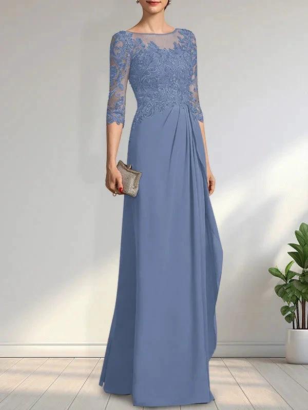 A-line Scoop Illusion Floor-Length Chiffon Lace Mother of the Bride Dress With Beading Sequins Cascading Ruffles