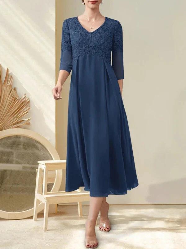 A-line V-Neck Tea-Length Chiffon Lace Mother of the Bride Dress With Beading