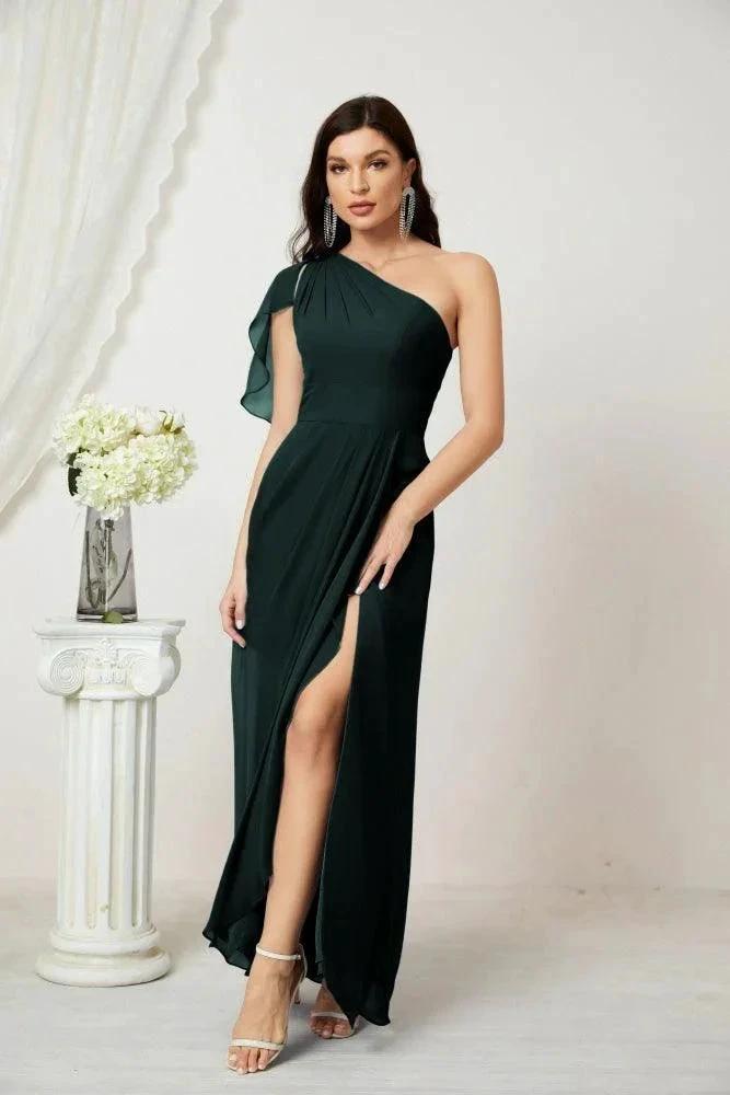 Numbersea  Chiffon Ruffled One Shoulder Long Bridesmaid Dresses A-line Formal Evening Gown Side Split 2809