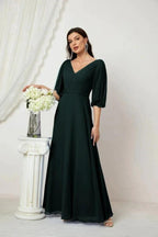 Numbersea  Formal Prom Gown Women V-Neck Chiffon Bridesmaid Dresses Long Bishop Sleeve Party Dress 2807