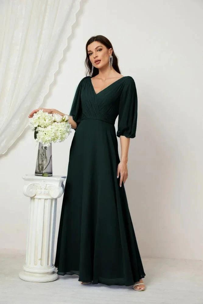 Numbersea  Formal Prom Gown Women V-Neck Chiffon Bridesmaid Dresses Long Bishop Sleeve Party Dress 2807