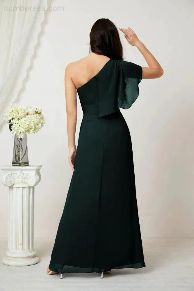 Numbersea  Chiffon Ruffled One Shoulder Long Bridesmaid Dresses A-line Formal Evening Gown Side Split 2809