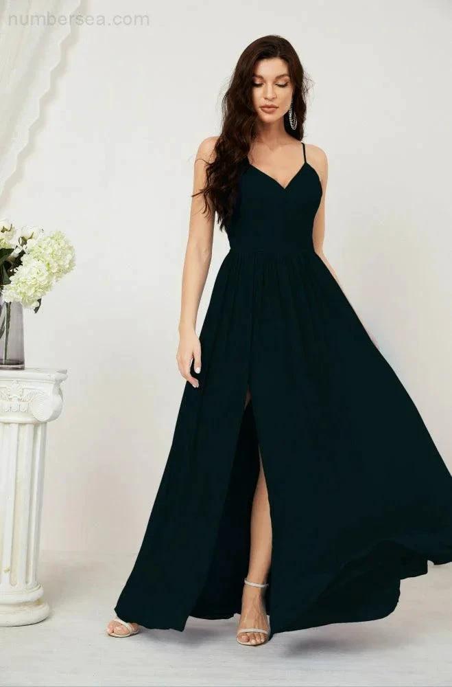 Numbersea  Neck Bridesmaid Dresses Chiffon Long Spaghetti A-line Formal Prom Gown for Wedding Party Evening 2801