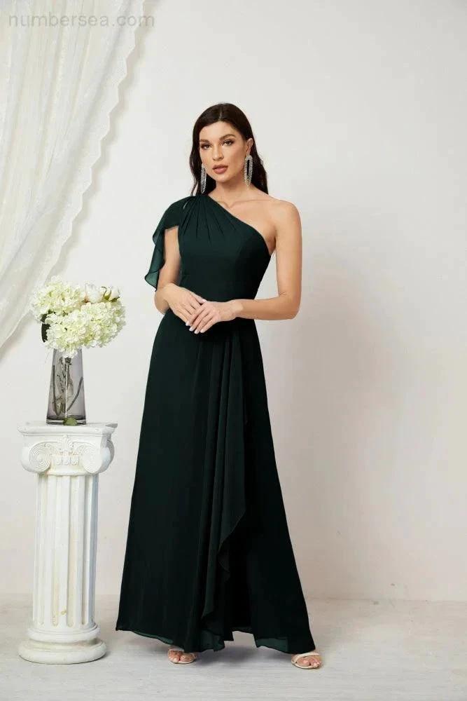 Numbersea  Chiffon Ruffled One Shoulder Long Bridesmaid Dresses A-line Formal Evening Gown Side Split 2809