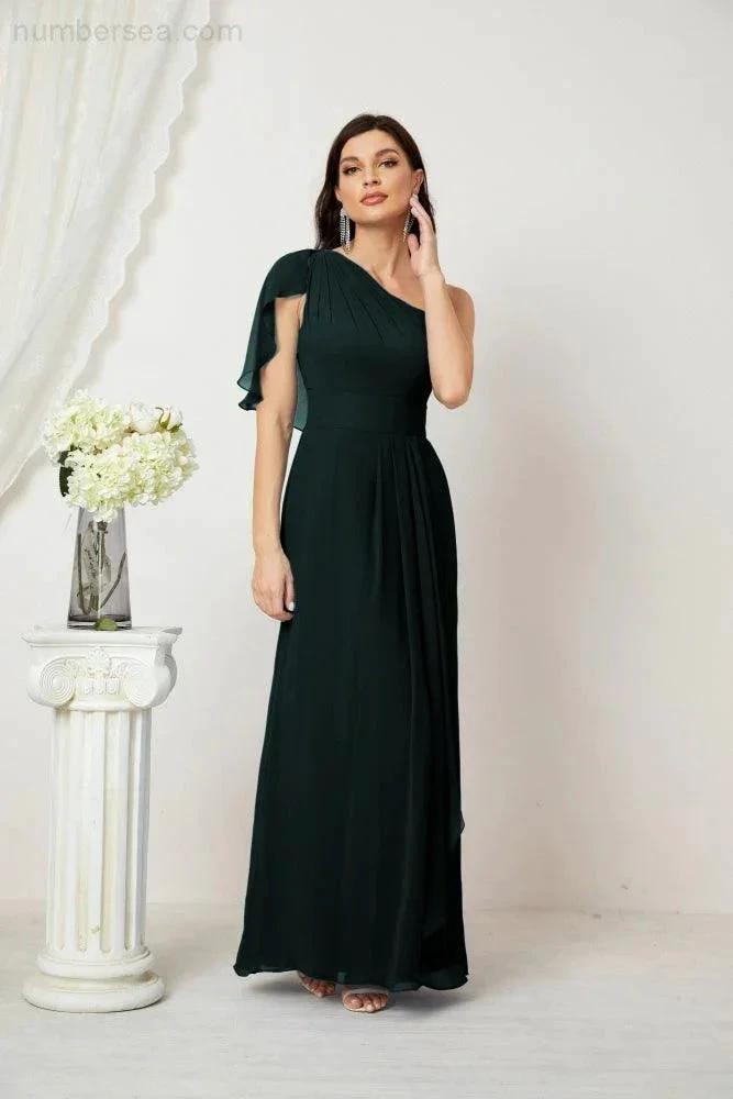 Numbersea  Chiffon Ruffled One Shoulder Long Bridesmaid Dresses A-line Formal Evening Gown Side Split 2809